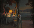 Quadro decorativo noturno de Delphin Enjolras mostrando três mulheres em torno de uma mesa iluminada por um abajur, com vista para um lago e montanhas distantes sob a luz da lua.