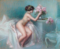 Mulher nua sentada em drapê branco, tocando rosas cor-de-rosa em um vaso, com fundo turquesa, estilo Delphin Enjolras