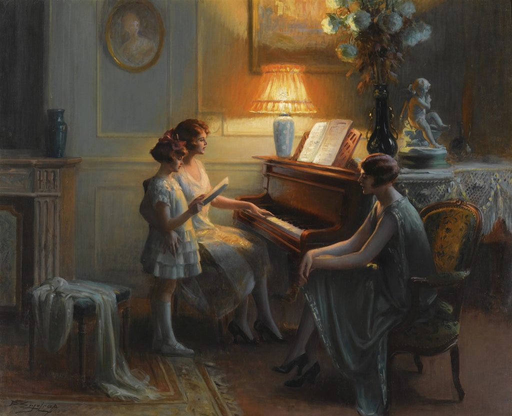 Pintura a óleo de Delphin Enjolras, 'A Seresta', mostrando três mulheres em um ambiente interno, iluminadas pela luz de uma luminária enquanto uma toca piano e outras cantam. A cena evoca intimidade e musicalidade.