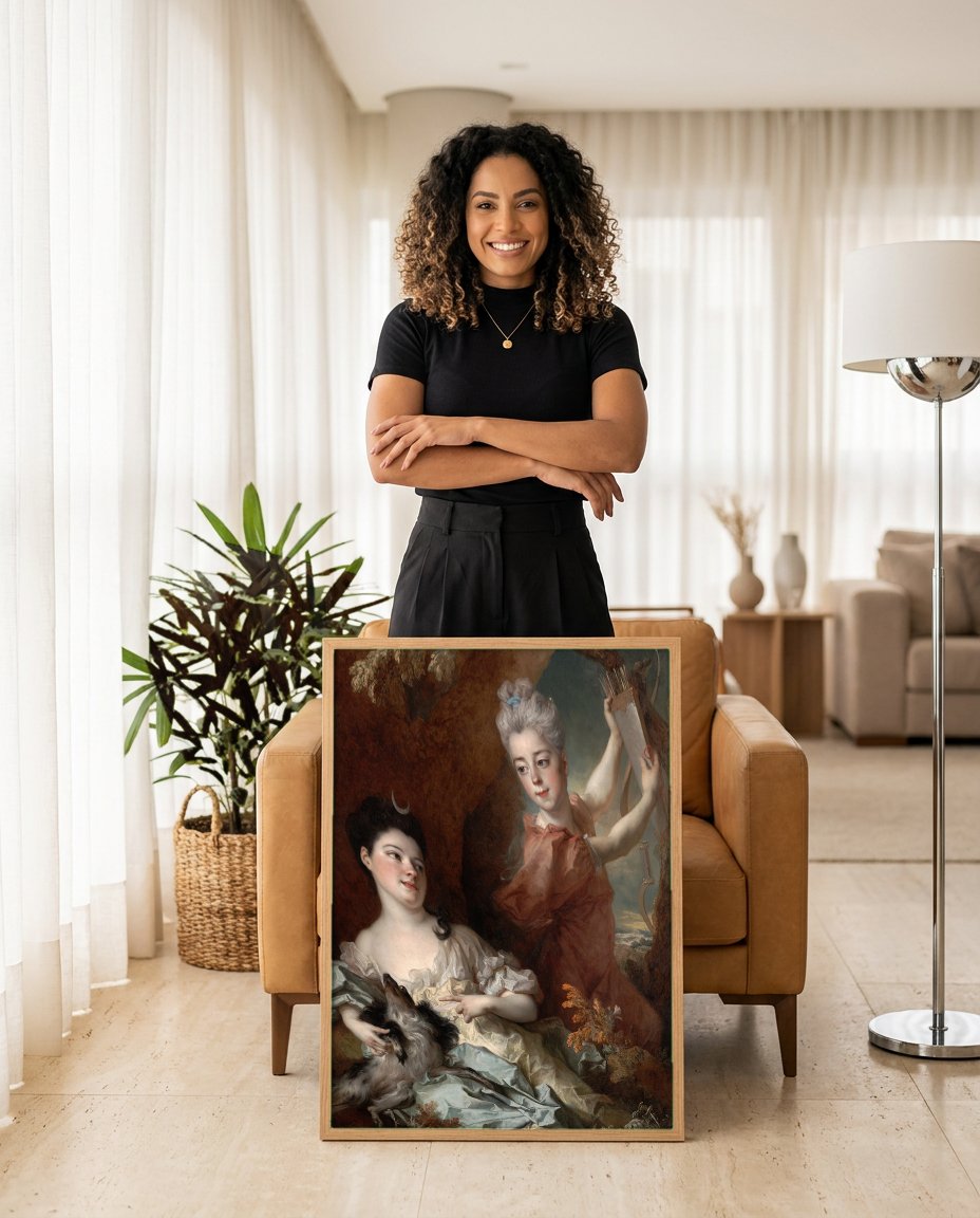 Quadro Decorativo Duas Mulheres como Diana e uma Ninfa - Largillière com modelo em ambiente