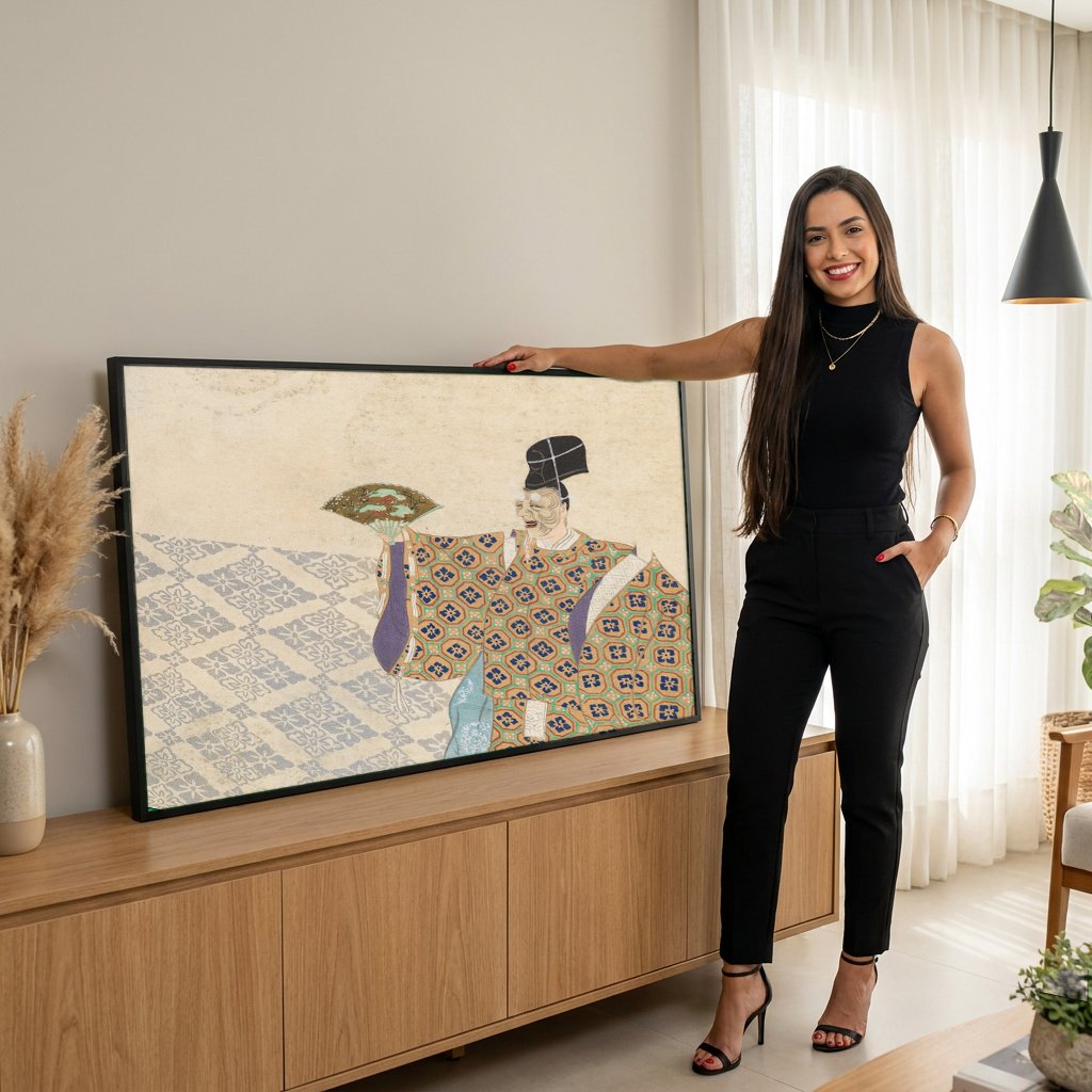 Quadro Decorativo Figura Japonesa Tradicional - Kamisaka Sekka com modelo em ambiente