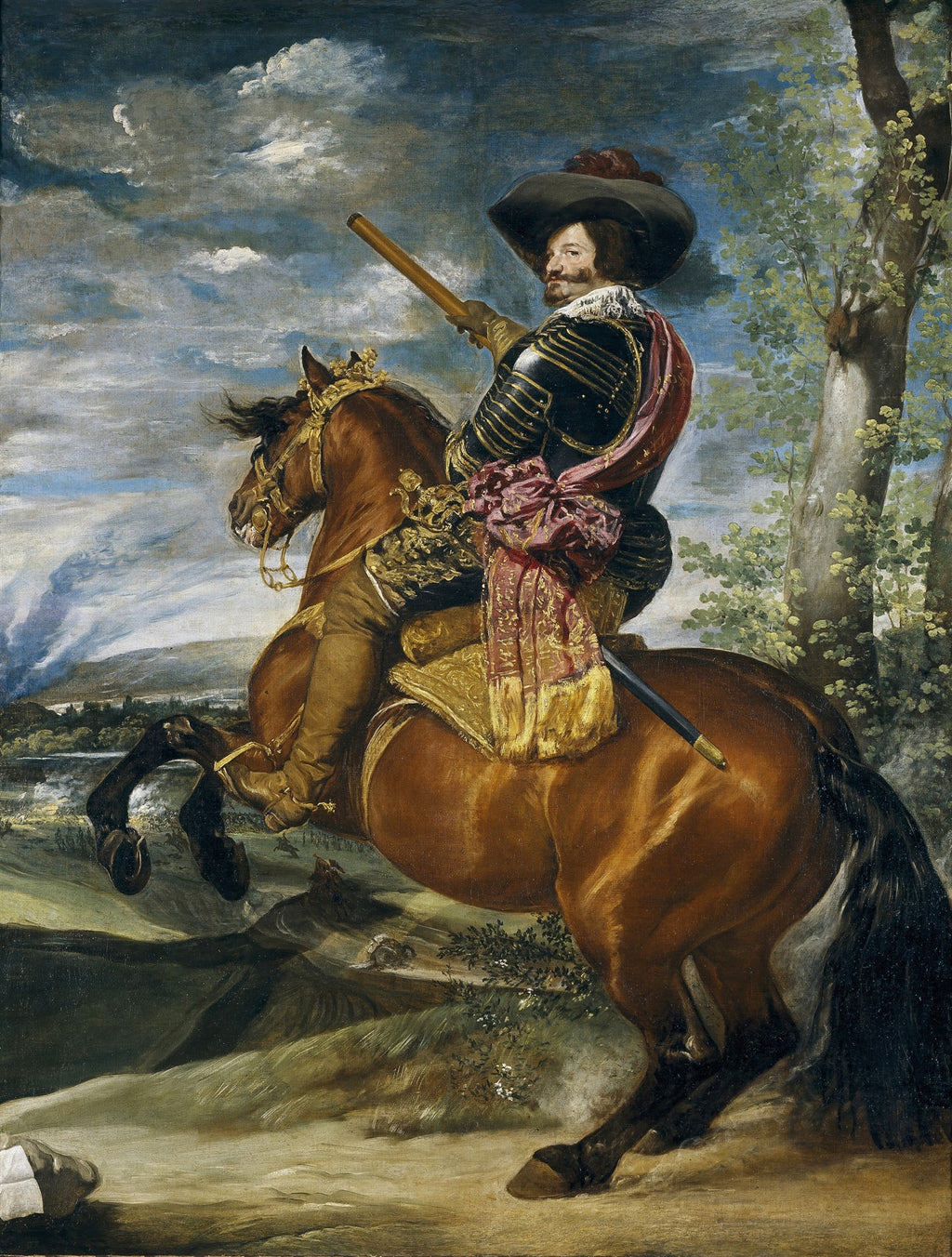 Quadro decorativo de Filipe IV da Espanha montado em um cavalo empinado, pintado por Diego Velázquez, com paisagem e céu dramático ao fundo.