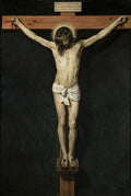 Quadro decorativo do Cristo Crucificado de Velázquez, apresentando a figura de Cristo pregado na cruz com um fundo escuro, destacando o corpo em tons claros e a coroa de espinhos, com sangue escorrendo nas mãos e pés.