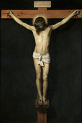 Quadro decorativo com a obra Cristo Crucificado de Diego Velázquez, mostrando Jesus na cruz com um pano branco e fundo escuro. A imagem é detalhada e transmite serenidade e dor.