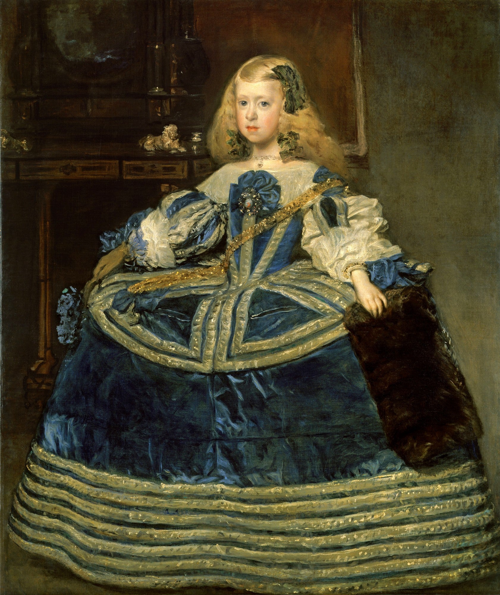 Quadro decorativo da Infanta Margarida Teresa, obra de Diego Velázquez. Retrato de uma menina loira com vestido azul e branco, ricamente adornado, segurando uma luva de pele. Estilo barroco, com fundo escuro e detalhes dourados.