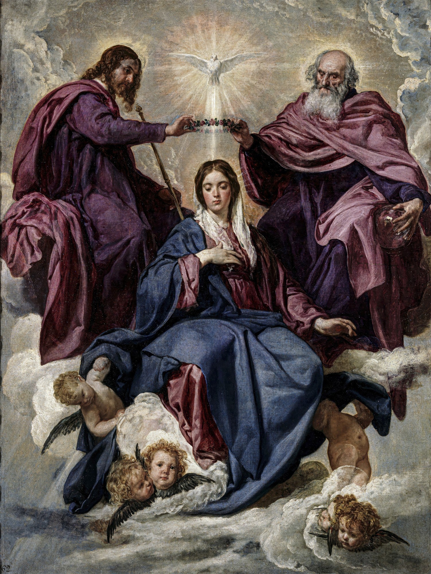 Quadro decorativo da pintura 'A Coroação da Virgem' de Diego Velázquez, mostrando a Virgem Maria sendo coroada pela Santíssima Trindade em meio a anjos e nuvens celestiais.
