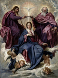Quadro decorativo 'A Coroação da Virgem' de Diego Velázquez. A Virgem Maria é coroada por figuras divinas em um céu de nuvens, com anjos abaixo. Paleta de cores escuras com destaque para azul, vermelho e dourado.
