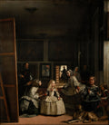 Quadro decorativo 'Las Meninas' de Diego Velázquez, mostrando a infanta Margarida Teresa com suas damas de honra, anões, um cão e o próprio artista pintando, em um salão escuro com um espelho ao fundo.