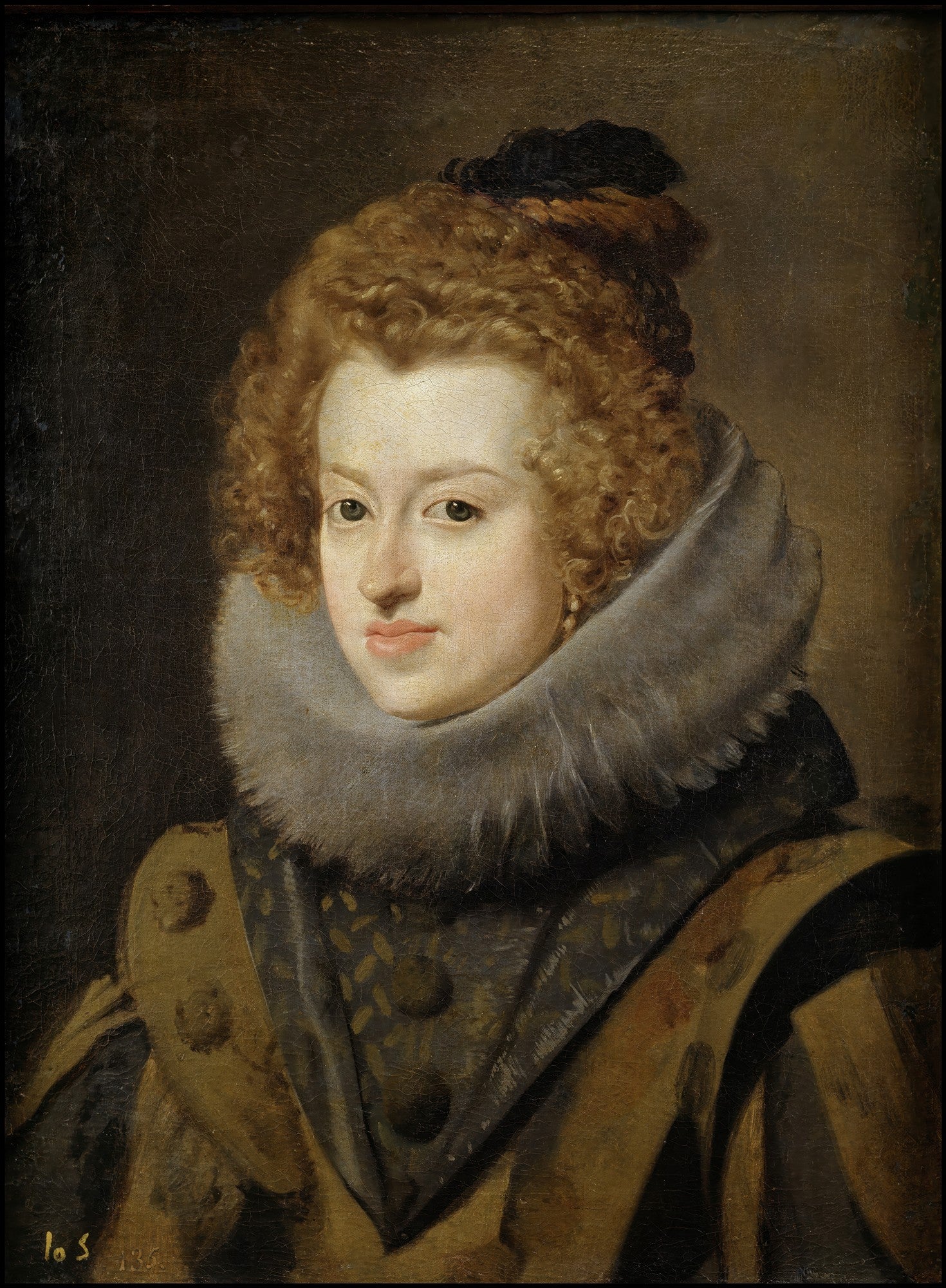 Retrato de uma mulher com cabelo encaracolado castanho avermelhado e um grande colarinho de pele cinza, vestindo um robe luxuoso. A imagem é atribuída a Diego Velázquez.