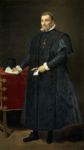 Retrato de um cavalheiro em estilo barroco por Velázquez, com vestes escuras e olhar penetrante, emoldurado e com vidro