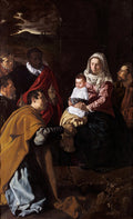 Quadro decorativo 'A Adoração dos Magos' de Diego Velázquez, mostrando Maria com o Menino Jesus, recebendo os presentes dos Três Reis Magos em uma cena barroca de luz e sombra.