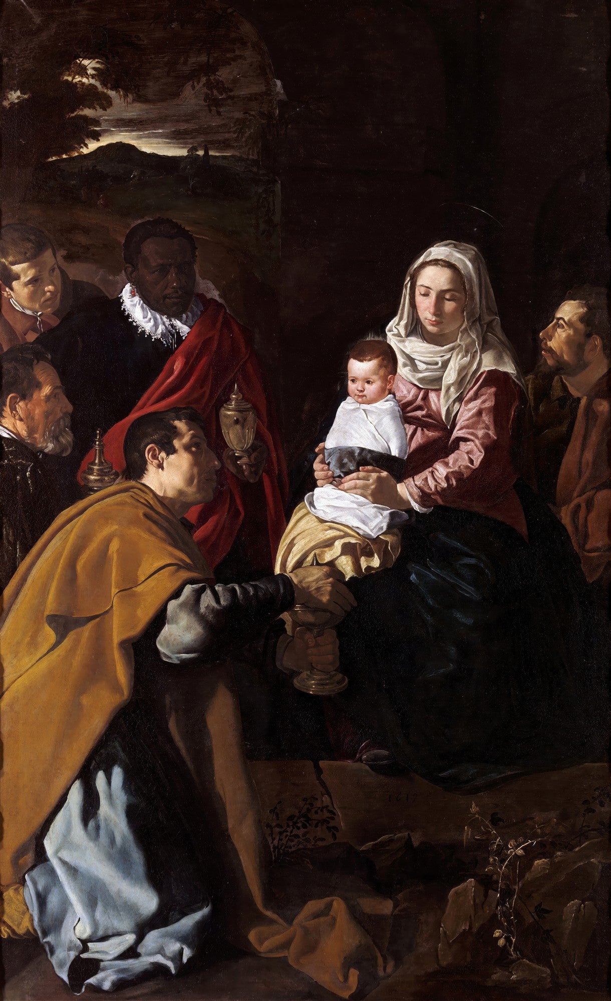 Quadro decorativo 'A Adoração dos Magos' de Diego Velázquez, mostrando Maria com o Menino Jesus, recebendo os presentes dos Três Reis Magos em uma cena barroca de luz e sombra.