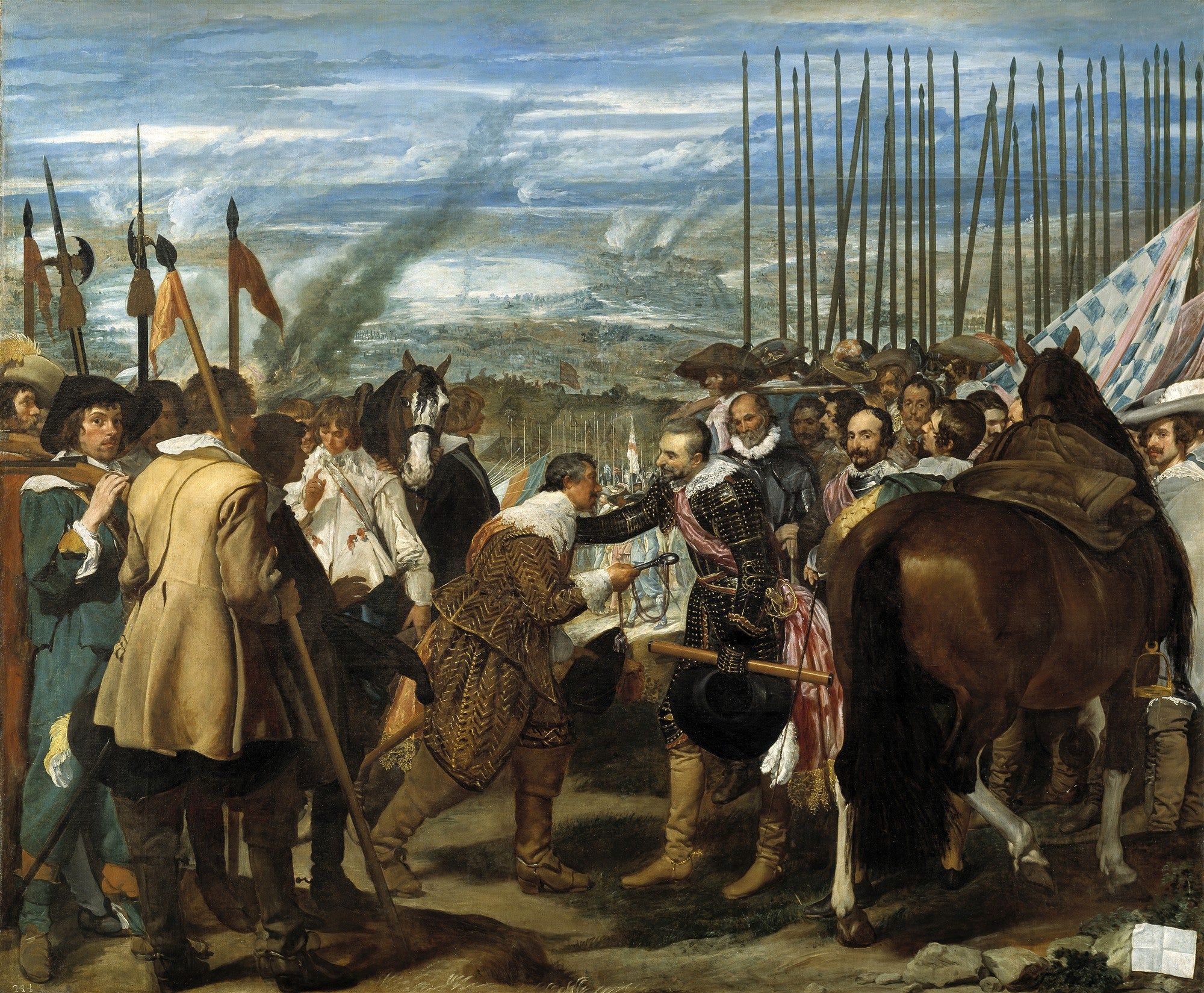 Quadro decorativo 'A Rendição de Breda' de Diego Velázquez, mostrando a entrega das chaves da cidade de Breda por Justino de Nassau a Ambrósio de Spinola, com soldados e lanças ao fundo. Obra barroca espanhola.