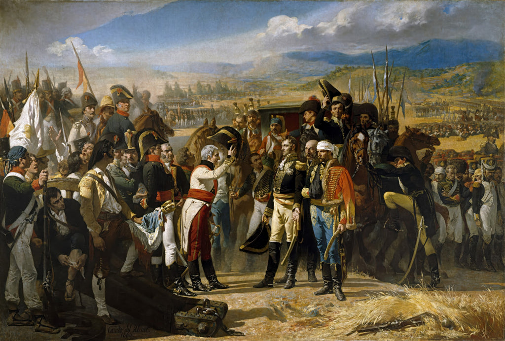 Quadro decorativo mostrando a rendição de tropas francesas a soldados espanhóis, com muitos militares em uniformes do século XIX, cavalos e uma paisagem vasta ao fundo, céu azul com nuvens.