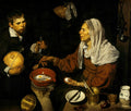 Quadro decorativo 'A Velha a Fritar Ovos' de Diego Velázquez, mostrando uma mulher idosa e um jovem em uma cozinha escura, com a mulher fritando ovos em uma panela de barro.