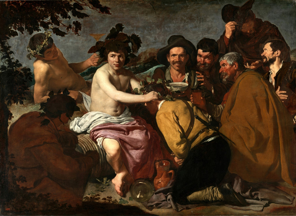 Quadro decorativo 'O Triunfo de Baco' de Diego Velázquez, mostrando Baco coroando um homem entre camponeses e sátiros em uma cena de celebração com vinho e folhas de videira. Detalhes de vestimentas em tons terrosos, corpos nus e expressões joviais e risonhas.