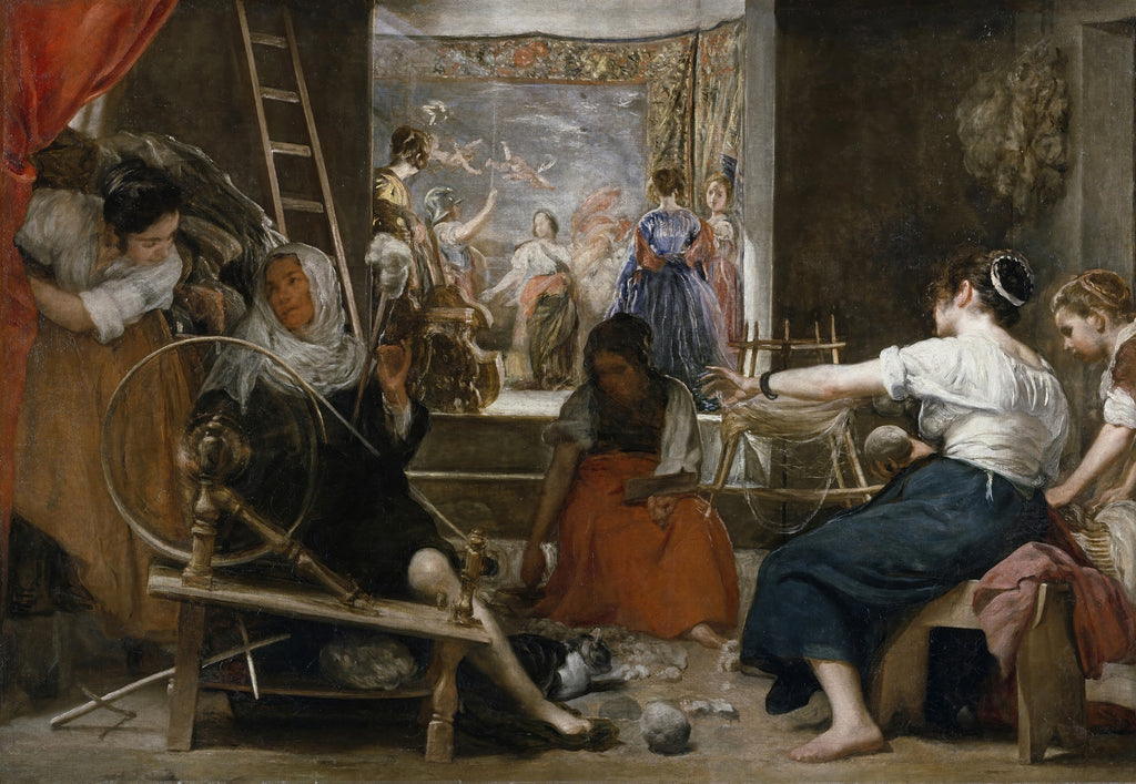 Reprodução da pintura 'As Fiandeiras' de Diego Velázquez, com mulheres fiando em primeiro plano e uma cena mitológica ao fundo. Cores terrosas e iluminação dramática.