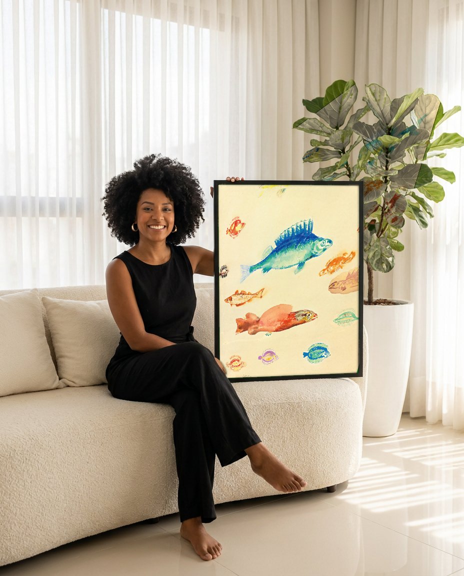 Quadro Decorativo Estudos de Peixes - Odilon Redon com modelo em ambiente