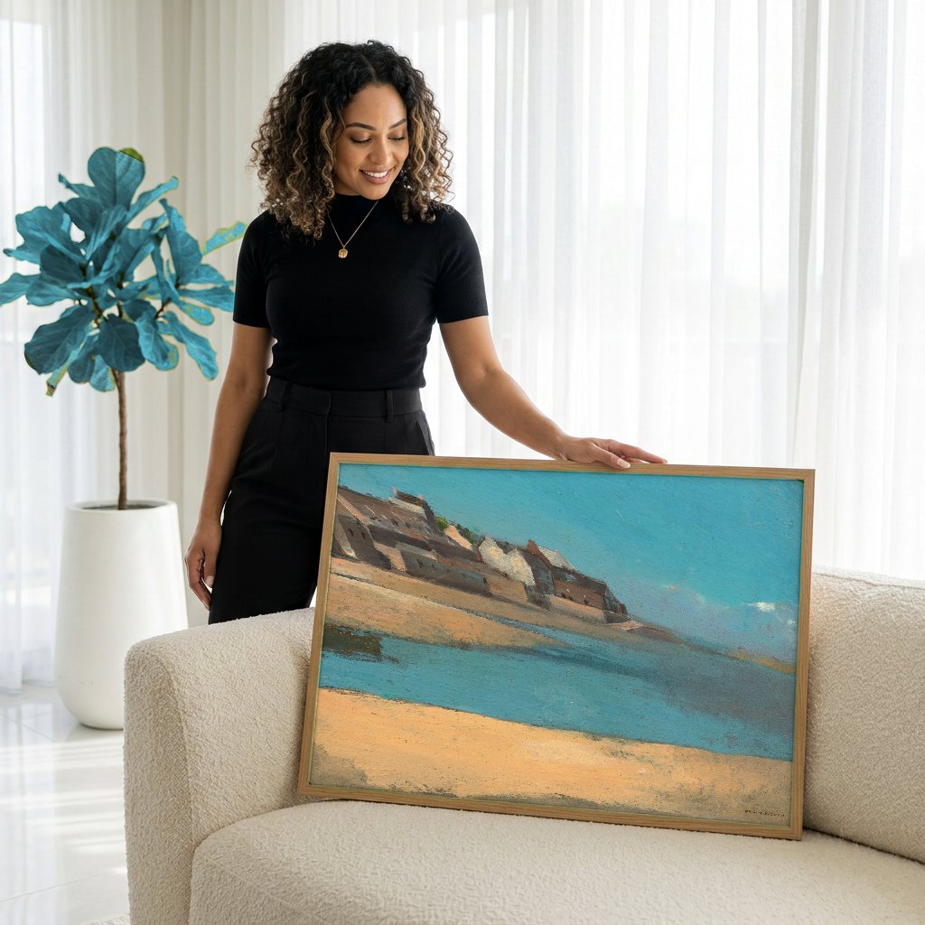 Quadro Decorativo Paisagem Costeira - Odilon Redon com modelo em ambiente