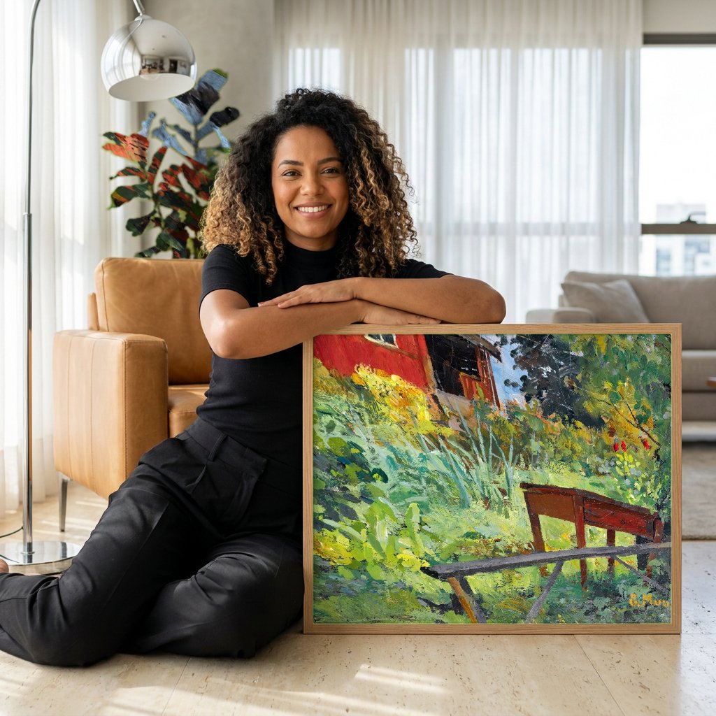 Quadro Decorativo Casa Vermelha e Jardim - Edvard Munch com modelo em ambiente