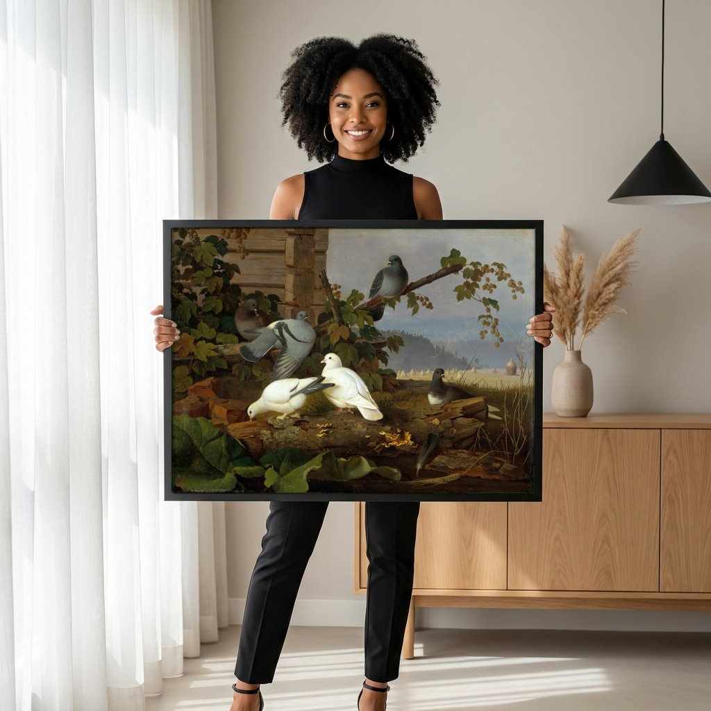 Quadro Decorativo Pombos no Campo - Ferdinand von Wright com modelo em ambiente