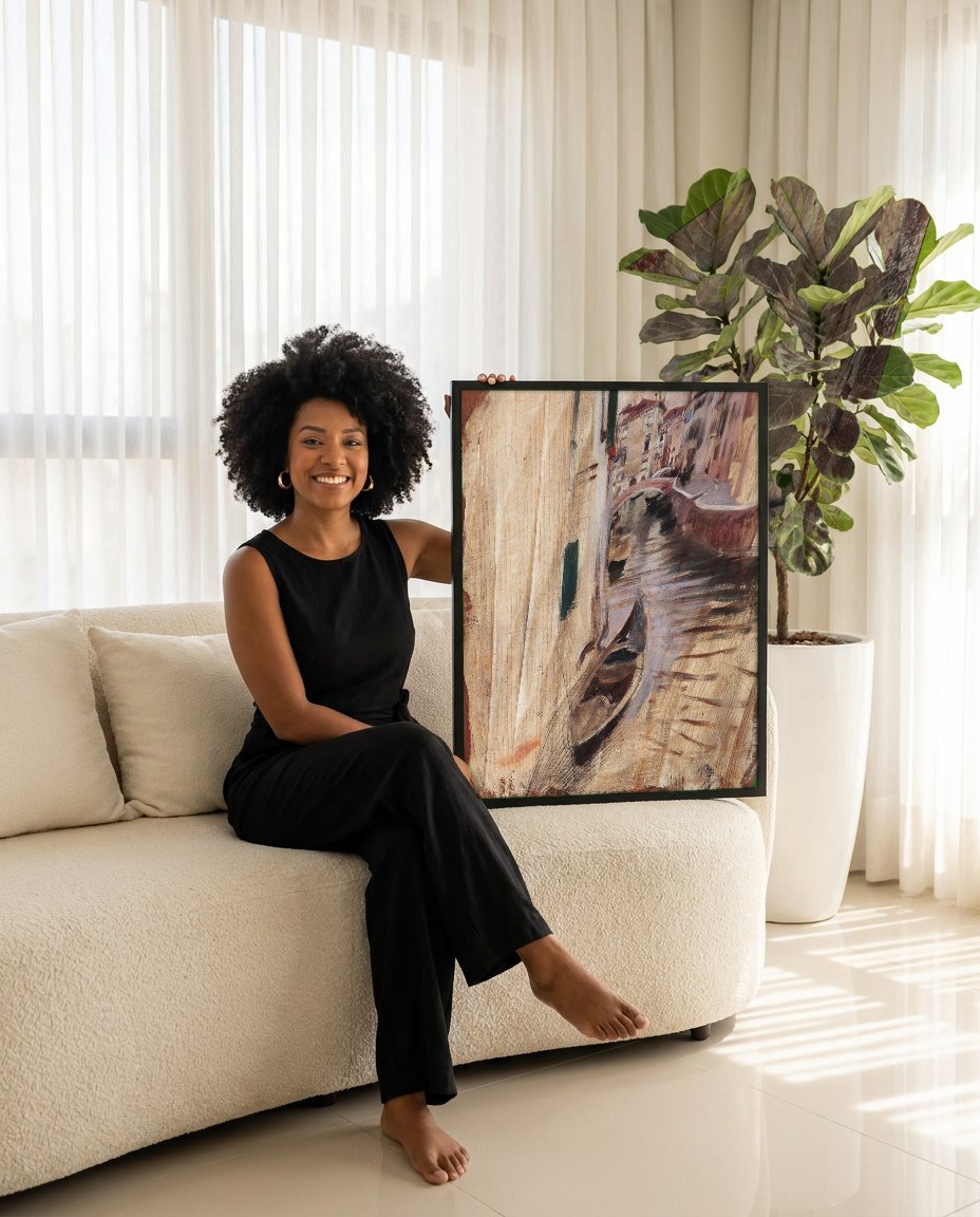 Quadro Decorativo Canal Veneziano - Boldini com modelo em ambiente