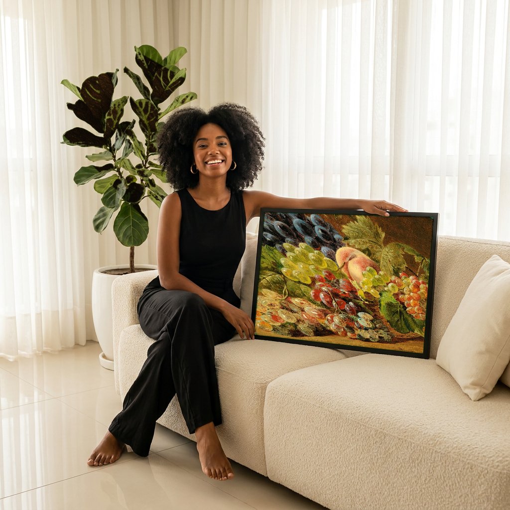 Quadro Decorativo Cesto de Frutas - Ferdinand Georg Waldmüller com modelo em ambiente
