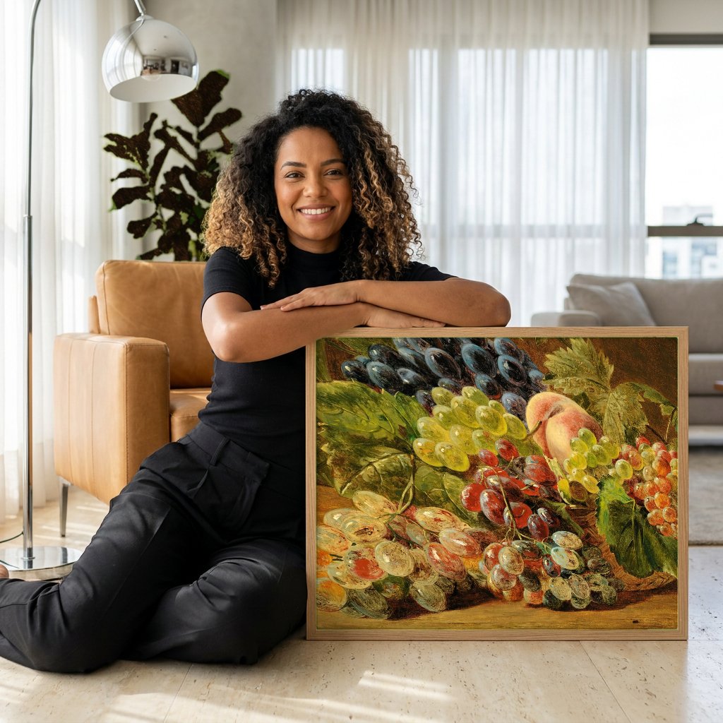 Quadro Decorativo Cesto de Frutas - Ferdinand Georg Waldmüller com modelo em ambiente