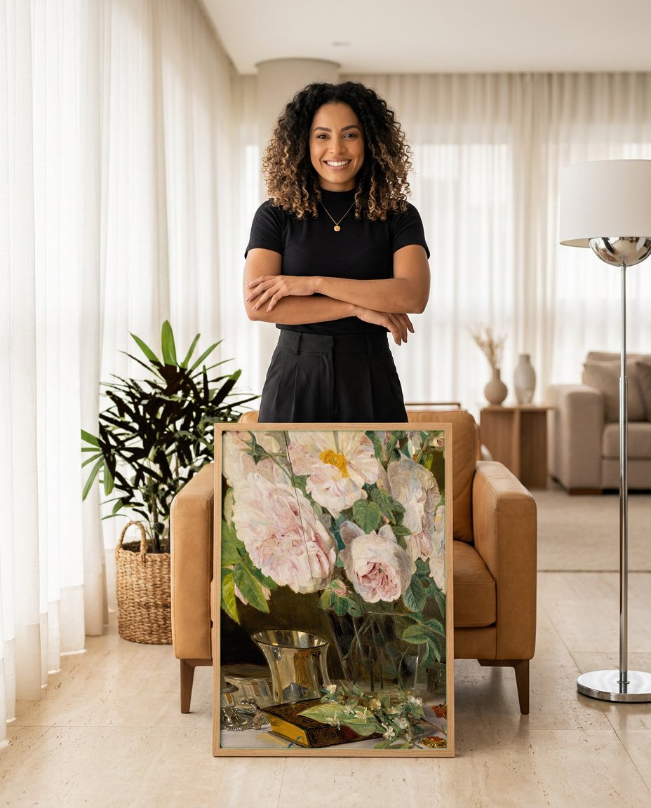 Quadro Decorativo Rosas e Objetos – Ferdinand Georg Waldmüller com modelo em ambiente