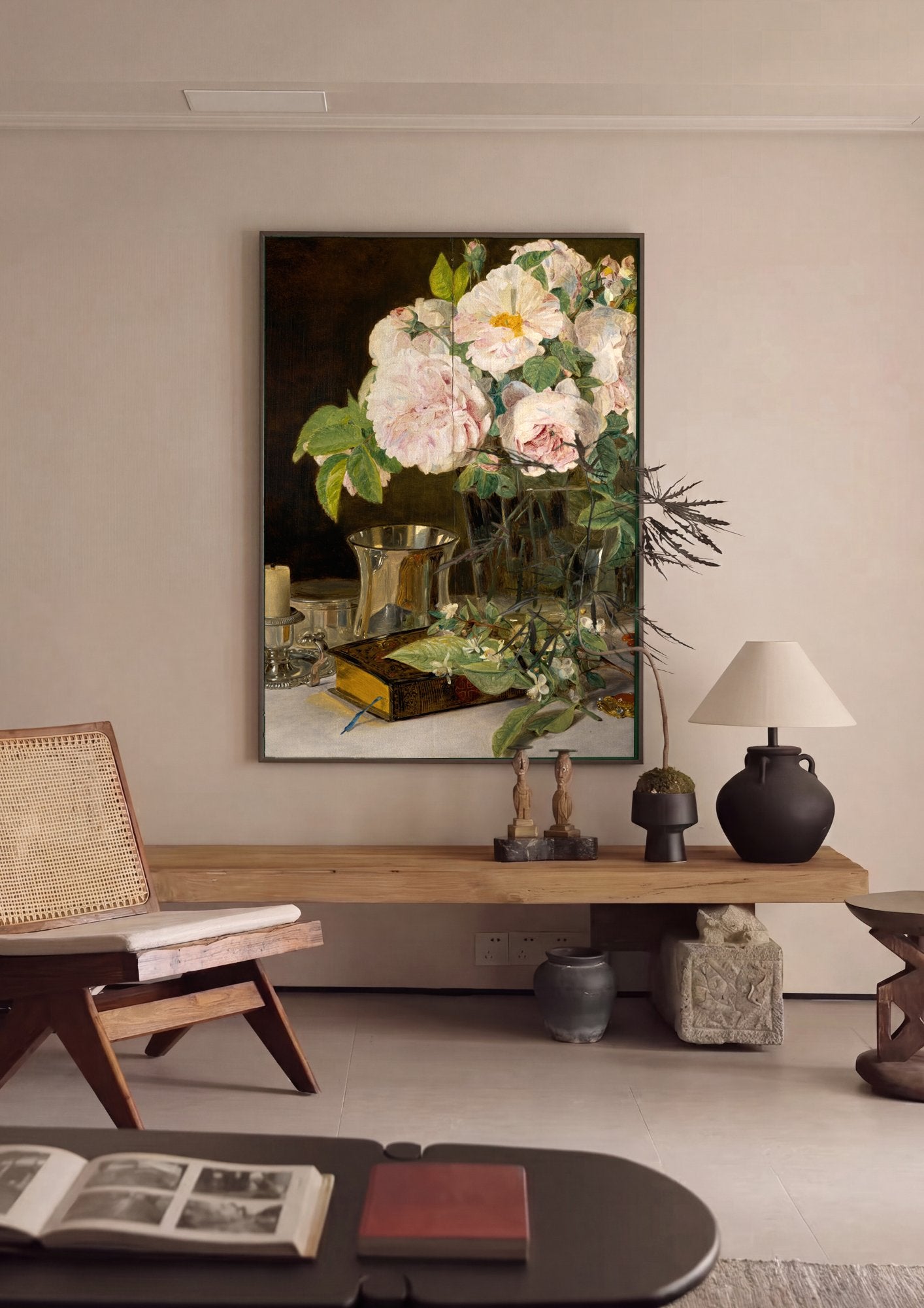 Quadro Decorativo Rosas e Objetos – Ferdinand Georg Waldmüller em ambiente decorado