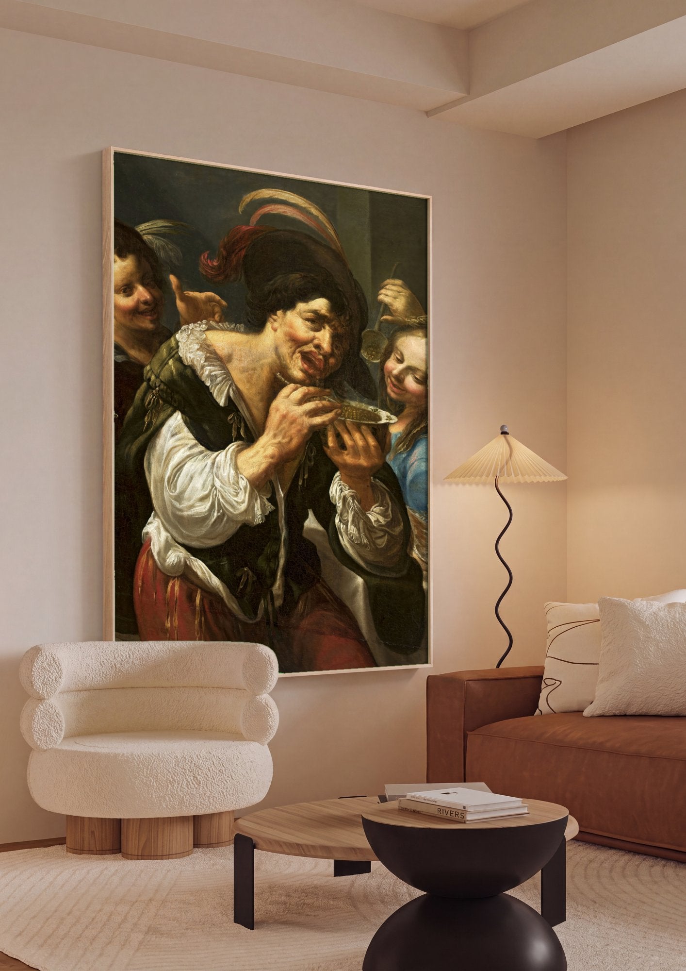 Pintura a óleo de Georges Lallemant, "Georges e a Tigela de Caldo", mostrando um homem com expressão de surpresa ou desconforto segurando uma tigela, enquanto duas figuras sorridentes o observam ao fundo.