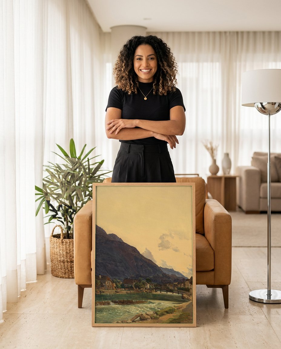 Quadro Decorativo Paisagem Alpina - Waldmüller com modelo em ambiente