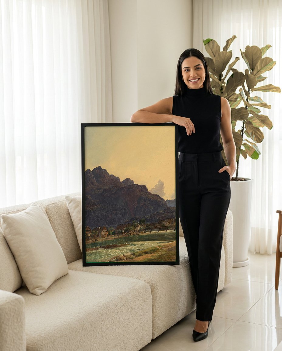 Quadro Decorativo Paisagem Alpina - Waldmüller com modelo em ambiente