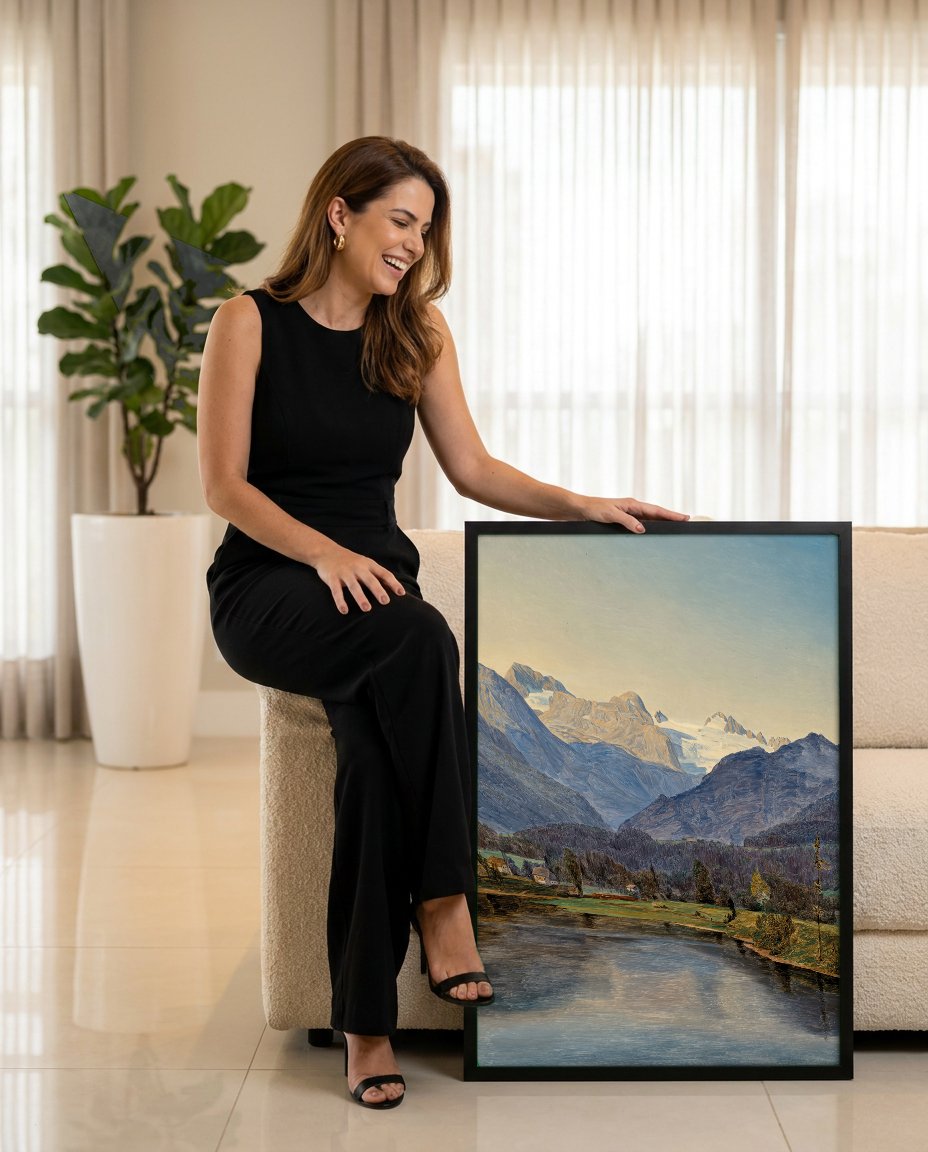 Quadro Decorativo Paisagem Alpina - Waldmüller com modelo em ambiente