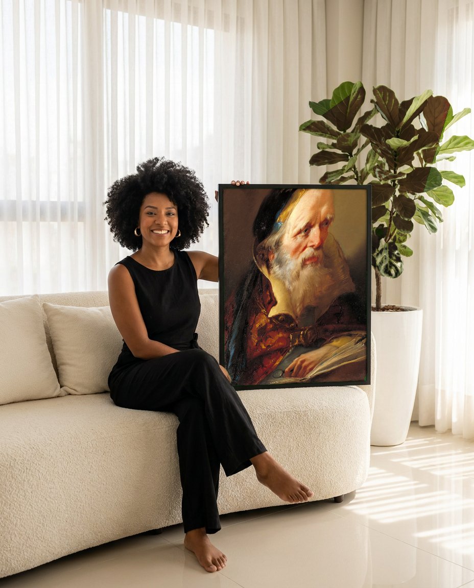Quadro Decorativo 'O Filósofo' - Giovanni Domenico Tiepolo com modelo em ambiente