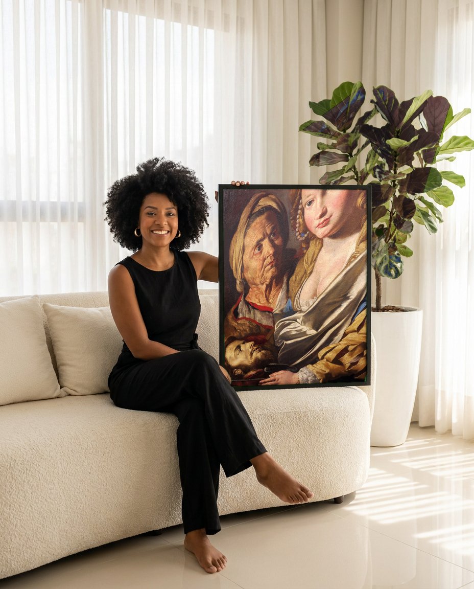 Quadro Decorativo Salomé com a Cabeça do Batista - Matthias Stomer com modelo em ambiente