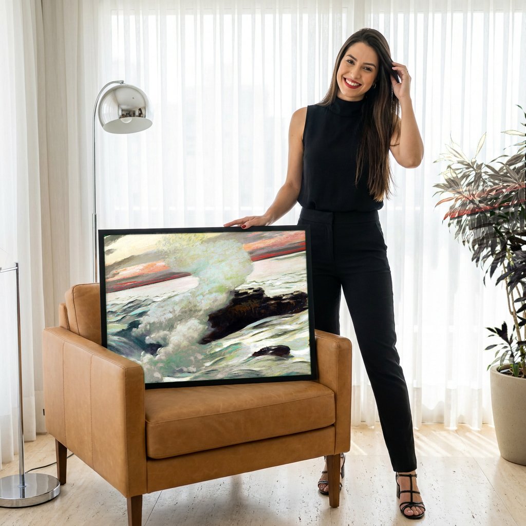 Quadro Decorativo Mar Revolto ao Pôr do Sol - Winslow Homer com modelo em ambiente