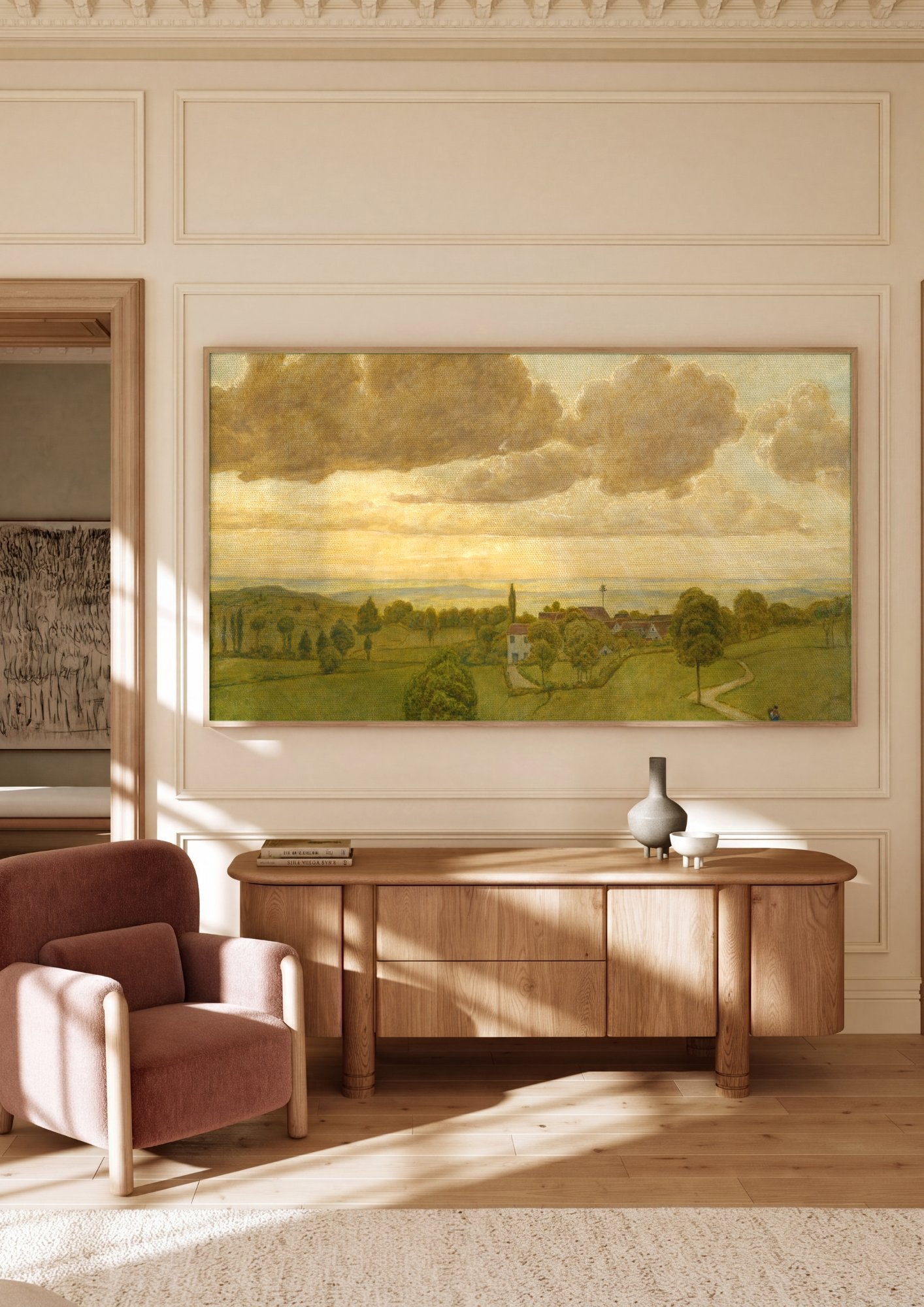 Quadro Decorativo Paisagem com Nuvens Douradas - Hans Thoma em ambiente decorado
