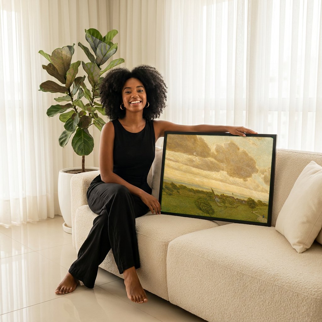 Quadro Decorativo Paisagem com Nuvens Douradas - Hans Thoma com modelo em ambiente