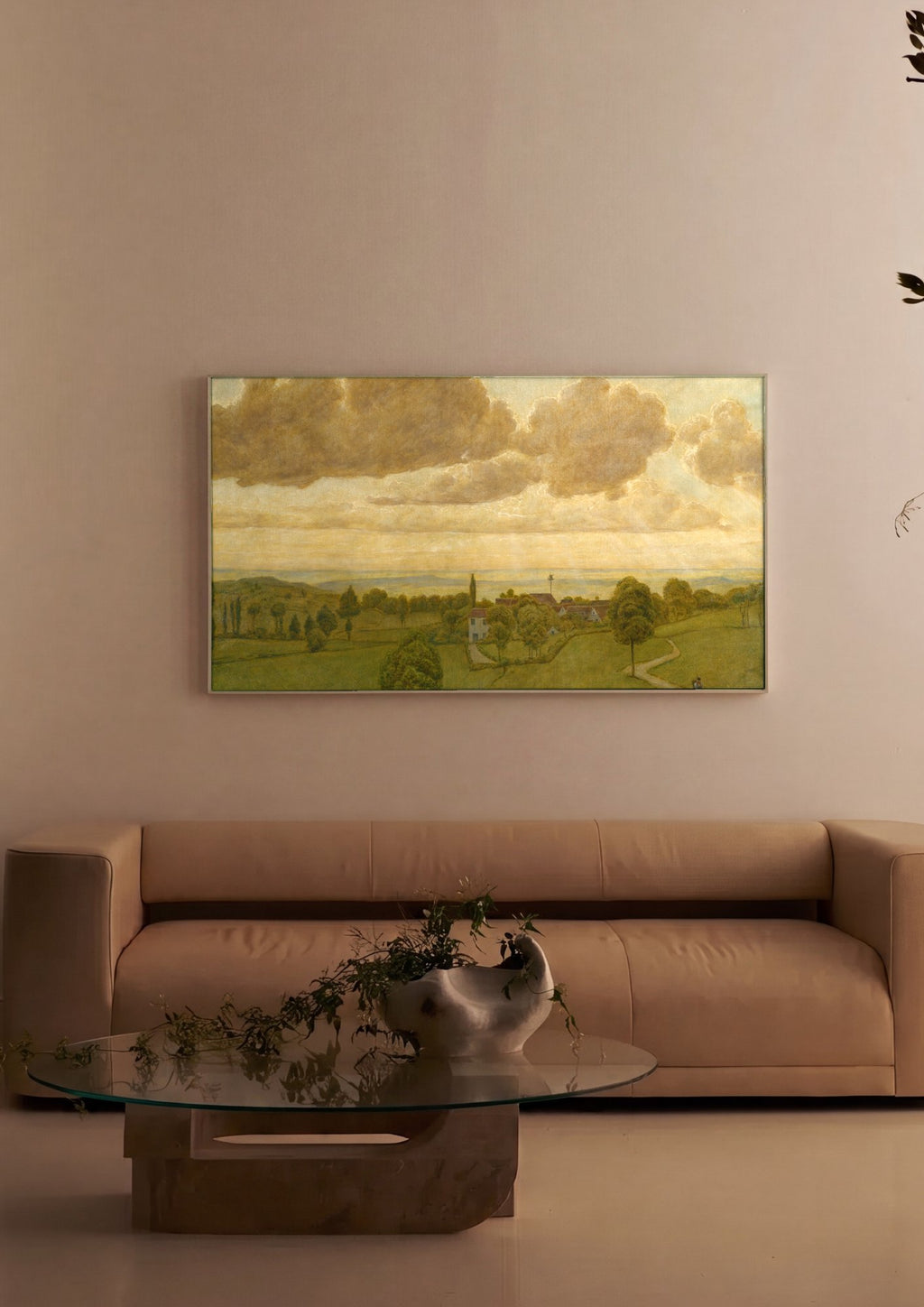 Quadro Decorativo Paisagem com Nuvens Douradas - Hans Thoma em ambiente decorado