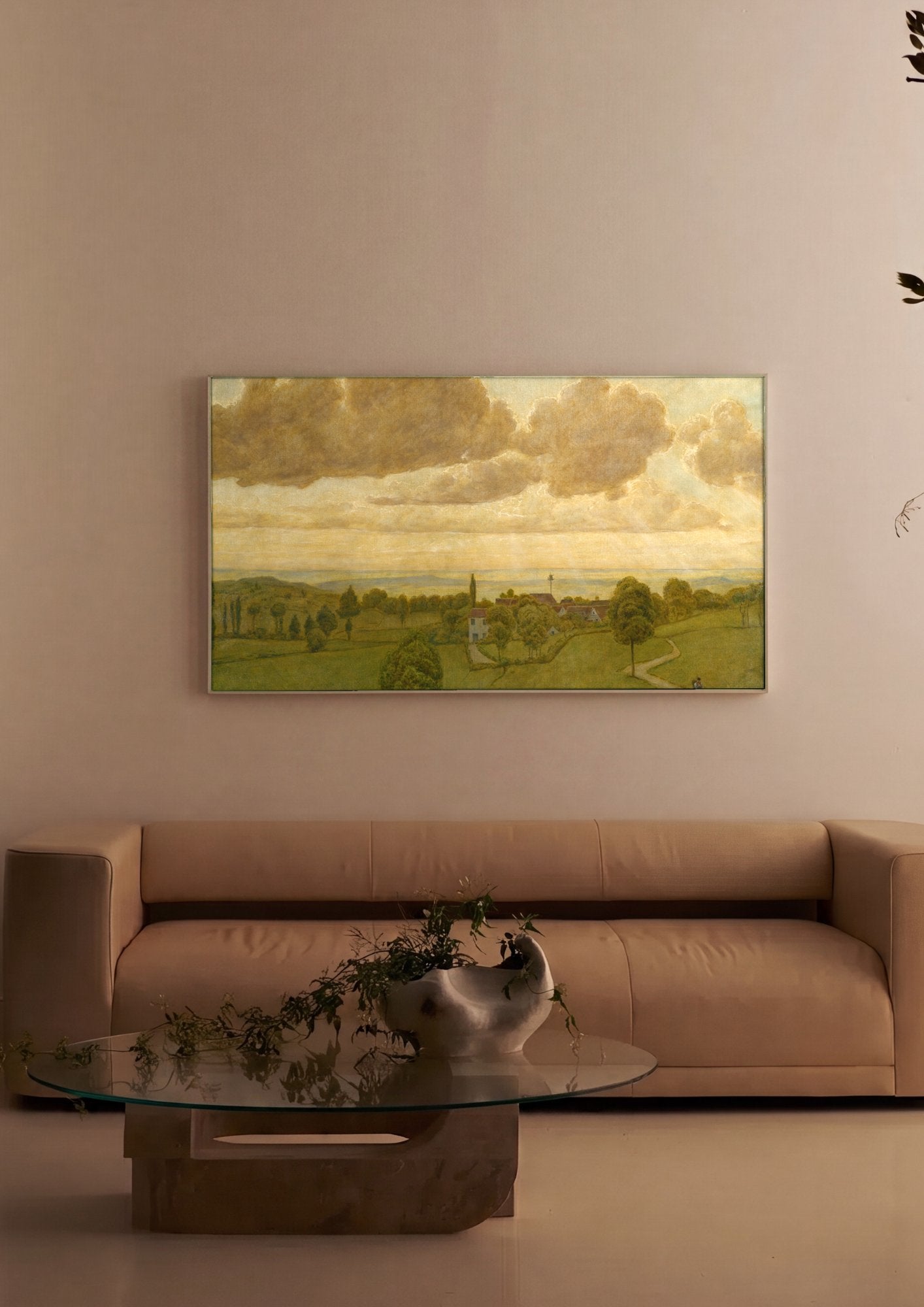 Quadro Decorativo Paisagem com Nuvens Douradas - Hans Thoma em ambiente decorado