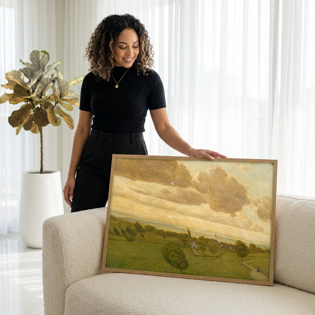 Quadro Decorativo Paisagem com Nuvens Douradas - Hans Thoma com modelo em ambiente