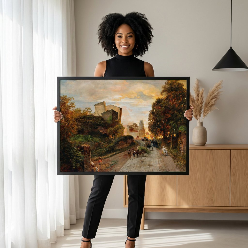 Quadro Decorativo Cena Urbana ao Pôr do Sol - Oswald Achenbach com modelo em ambiente