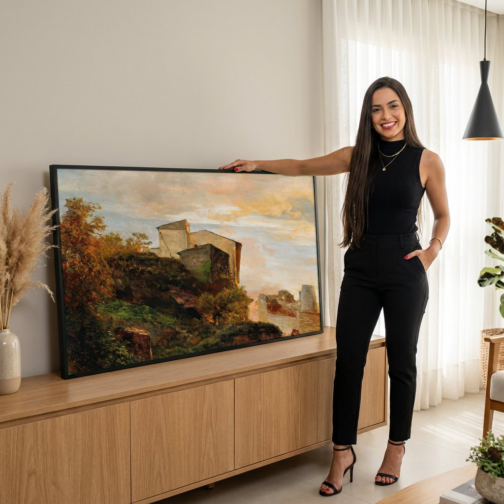 Quadro Decorativo Cena Urbana ao Pôr do Sol - Oswald Achenbach com modelo em ambiente