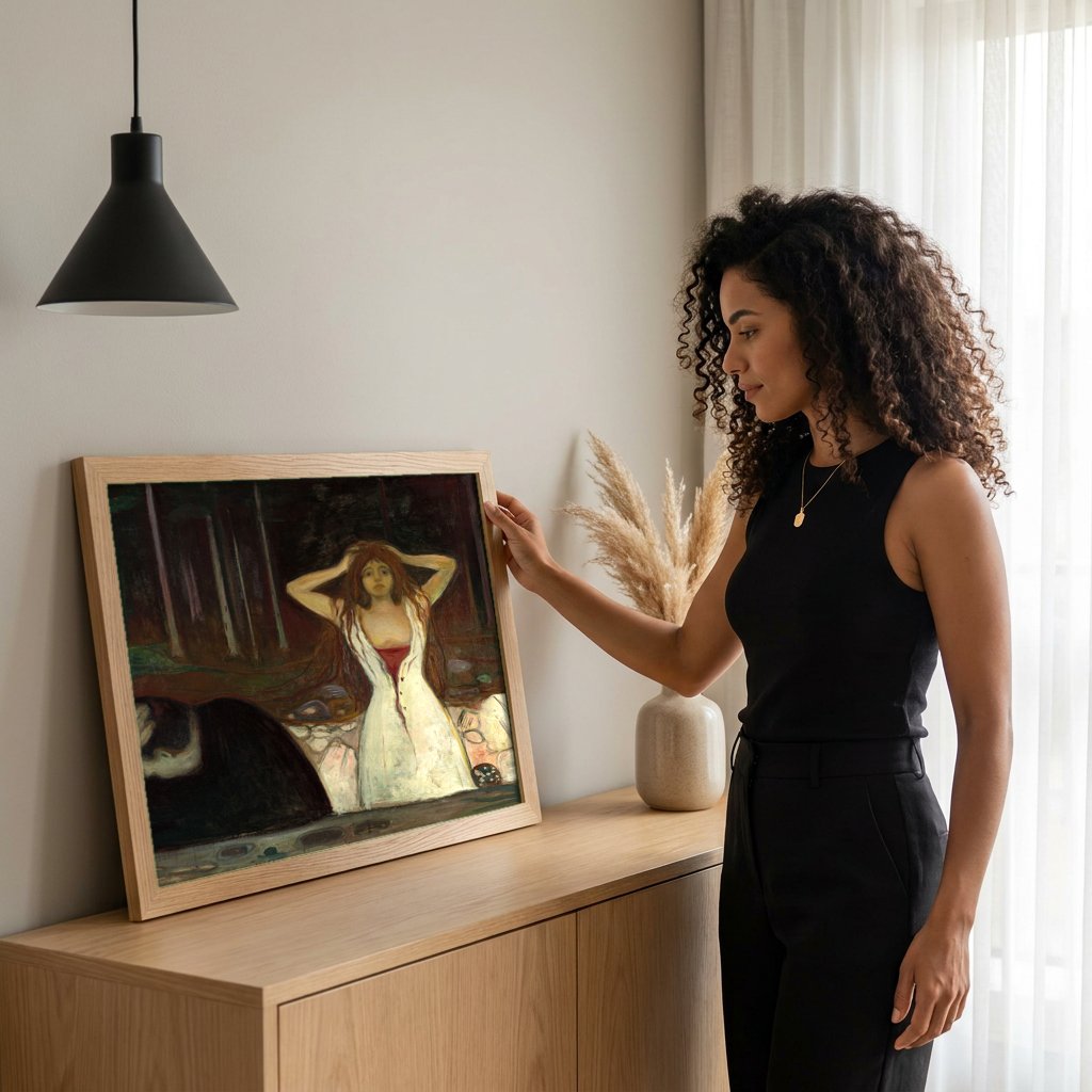 Quadro Decorativo A Morte na Sala da Doente - Edvard Munch com modelo em ambiente