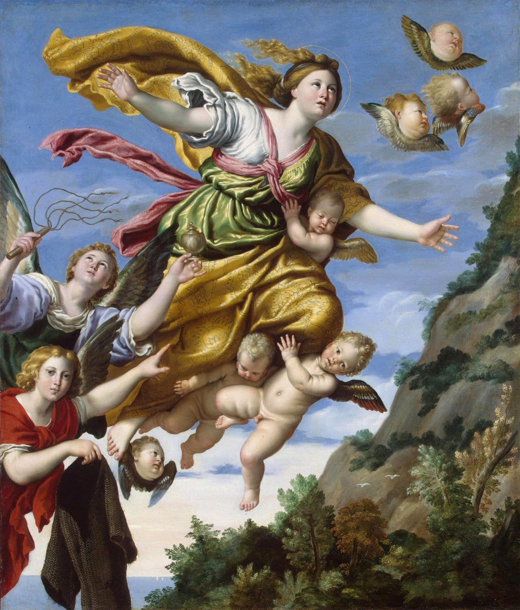 Pintura barroca de Domenichino, "A Assunção da Madalena", retratando Maria Madalena sendo elevada ao céu por anjos e putti, com paisagem ao fundo, em tons dourados, verdes e celestiais.
