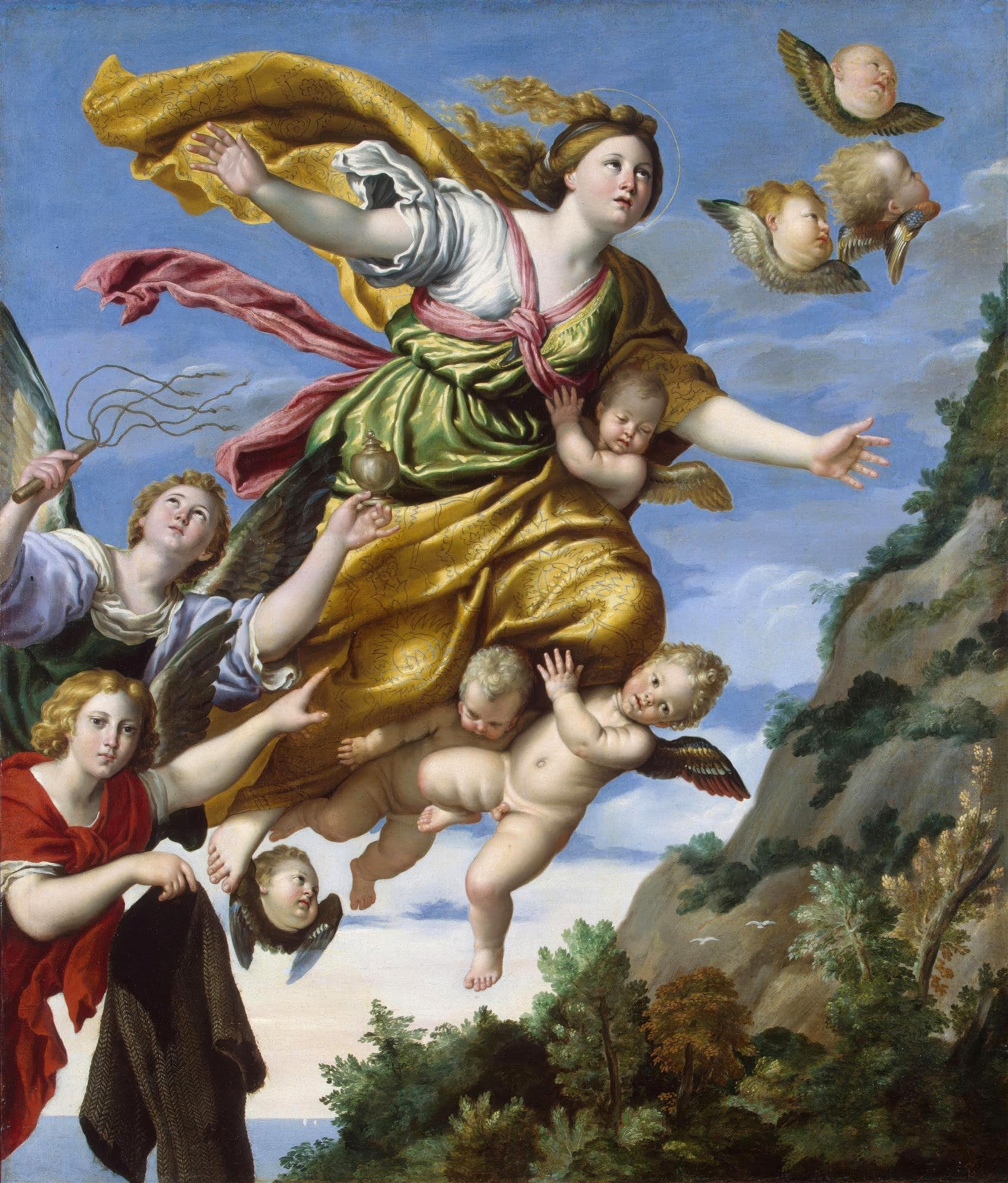 Pintura barroca de Domenichino, "A Assunção da Madalena", retratando Maria Madalena sendo elevada ao céu por anjos e putti, com paisagem ao fundo, em tons dourados, verdes e celestiais.
