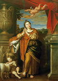 Quadro decorativo da pintura 'Santa Inês' de Domenichino, retratando a santa em oração, com anjo coroando-a e um cordeiro ao lado de um putto.
