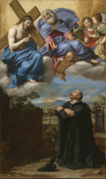 Quadro decorativo com a pintura 'A Visão de Santo Inácio de Loyola em La Storta' de Domenichino. Jesus Cristo e Deus Pai aparecem em nuvens para Santo Inácio ajoelhado, com anjos ao redor.