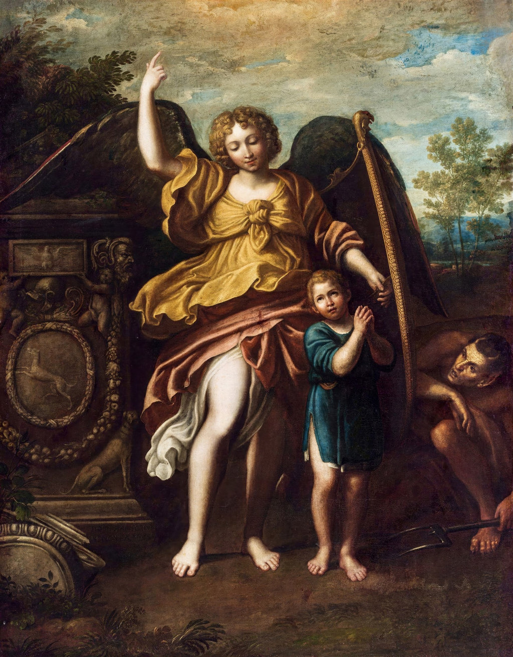 Pintura barroca de Domenichino Zampieri mostrando um anjo alado de vestes douradas e rosa, apontando para cima, protegendo uma criança em vestes azuis com as mãos em oração, enquanto uma figura demoníaca se esconde no canto inferior direito. O cenário é uma paisagem campestre com um céu dramático.